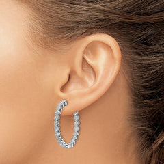 QE13015 Sterling Shimmer Sterling Silver Rhodium-plated 120 Stone Heart Shaped 1.2mm CZ In and Out Round Hinged Hoop Earrings