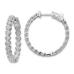 QE13015 Sterling Shimmer Sterling Silver Rhodium-plated 120 Stone Heart Shaped 1.2mm CZ In and Out Round Hinged Hoop Earrings