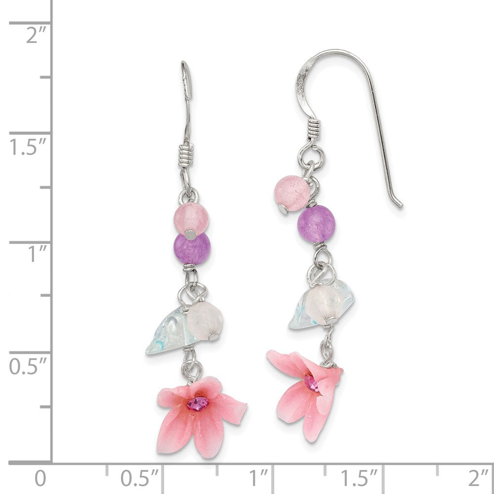 QE1306 Sterling Silver Polished Amethyst, Agate, Blue Topaz, Pink CZ & Resin Flower Dangle Earrings
