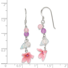 QE1306 Sterling Silver Polished Amethyst, Agate, Blue Topaz, Pink CZ & Resin Flower Dangle Earrings
