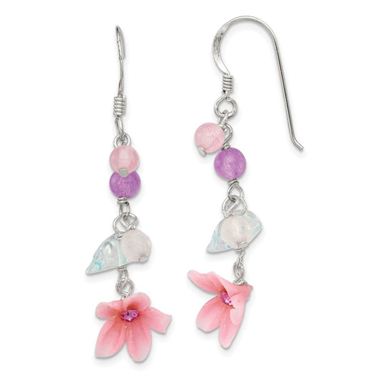 QE1306 Sterling Silver Polished Amethyst, Agate, Blue Topaz, Pink CZ & Resin Flower Dangle Earrings