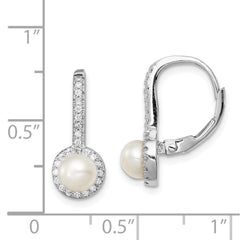 QE13086 Sterling Silver Rhodium-plated 5-6mm White Button Freshwater Cultured Pearl and CZ Halo Leverback Dangle Earrings