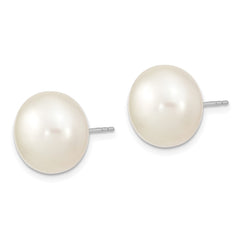 QE13093 Sterling Silver Rhodium-plated 13-14mm White Button Freshwater Cultured Pearl Post Earrings