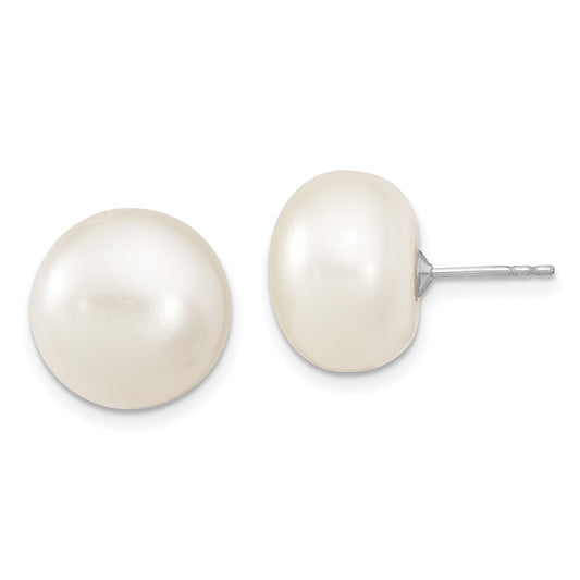 QE13093 Sterling Silver Rhodium-plated 13-14mm White Button Freshwater Cultured Pearl Post Earrings