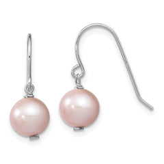 QE13096 Sterling Silver Rhodium-plated 7-8mm Purple Semi-Round Freshwater Cultured Pearl Dangle Earrings