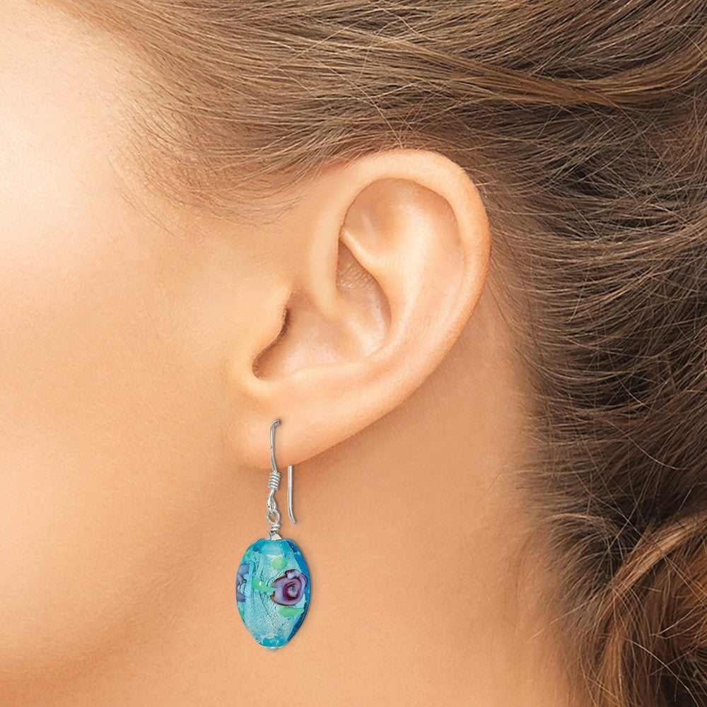 QE13115 Sterling Silver Polished Hematite & Abstract Glass Dangle Earrings