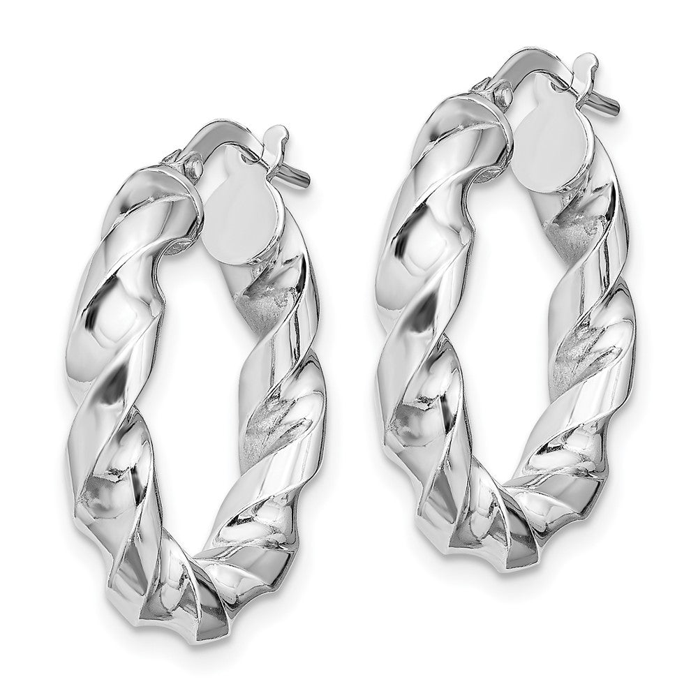 QE13128 Sterling Silver Rhodium-plated 4x14mmTwisted Hoop Earrings