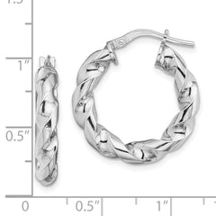 QE13128 Sterling Silver Rhodium-plated 4x14mmTwisted Hoop Earrings