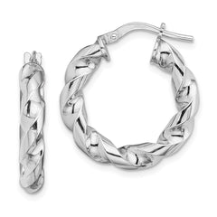 QE13128 Sterling Silver Rhodium-plated 4x14mmTwisted Hoop Earrings