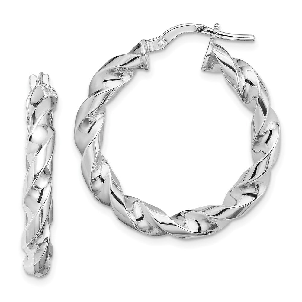 QE13129 Sterling Silver Rhodium-plated 4x20mmTwisted Hoop Earrings