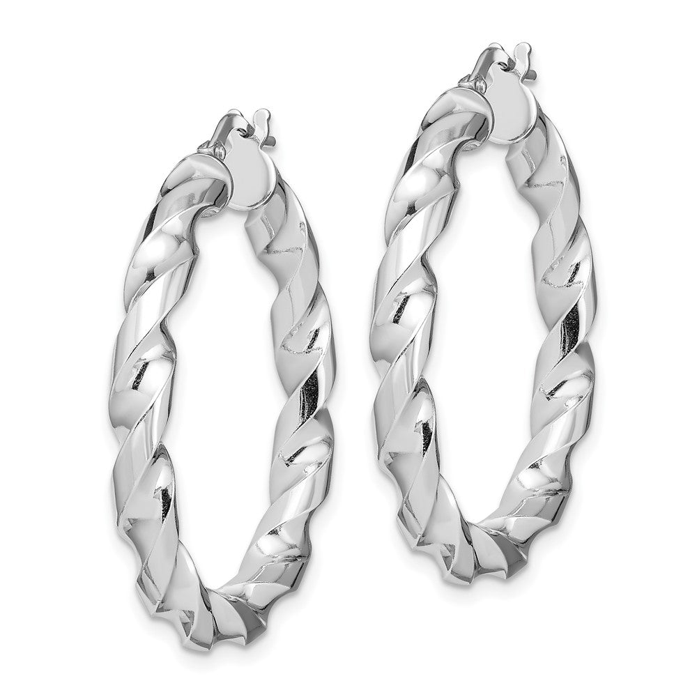 QE13130 Sterling Silver Rhodium-plated 4x25mmTwisted Hoop Earrings