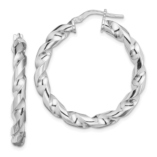 QE13130 Sterling Silver Rhodium-plated 4x25mmTwisted Hoop Earrings