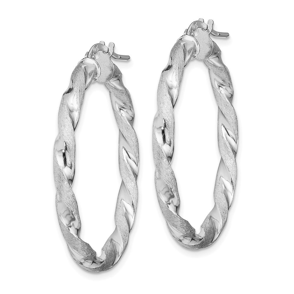 QE13186 Sterling Silver RH-Plated Satin Polished Twisted 3x35mm Hoop Earrings