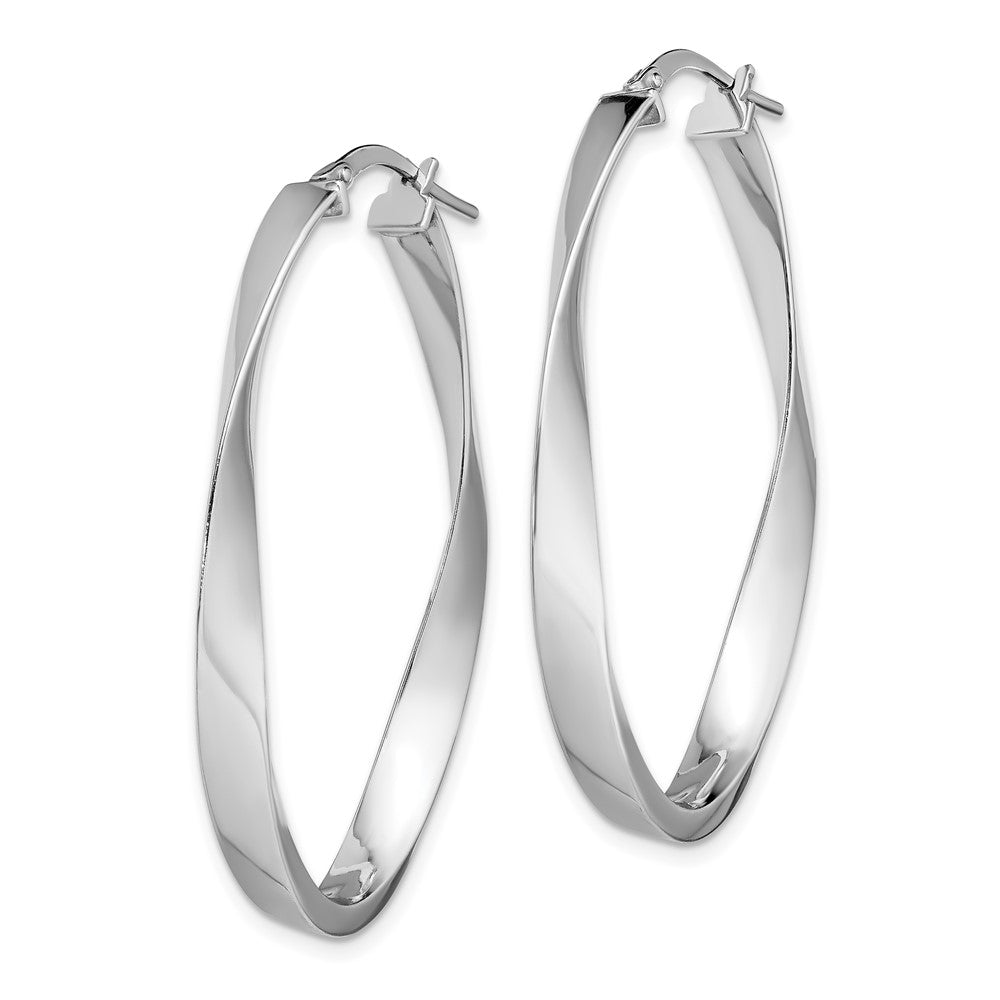 QE13189 Sterling Silver Rhodium-plated Polished & Twisted Oval Hoop Earrings
