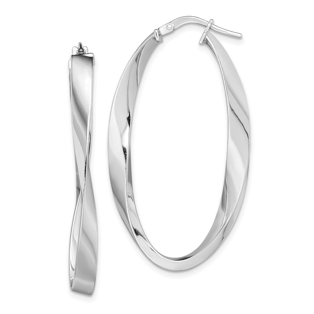 QE13189 Sterling Silver Rhodium-plated Polished & Twisted Oval Hoop Earrings