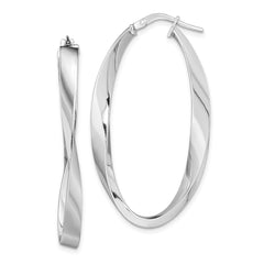 QE13189 Sterling Silver Rhodium-plated Polished & Twisted Oval Hoop Earrings