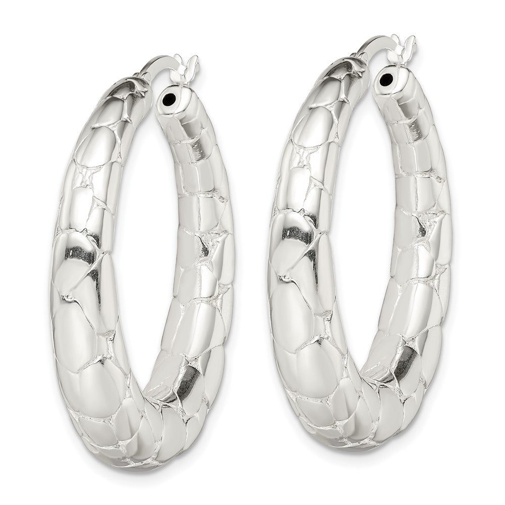 QE13218 Sterling Silver Polished & Pebbled Round Hoop Earrings