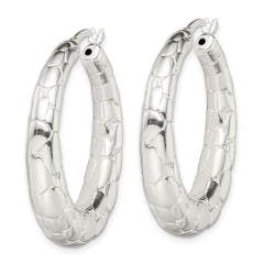 QE13218 Sterling Silver Polished & Pebbled Round Hoop Earrings