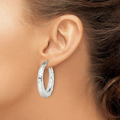 QE13218 Sterling Silver Polished & Pebbled Round Hoop Earrings