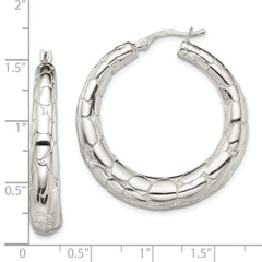 QE13218 Sterling Silver Polished & Pebbled Round Hoop Earrings