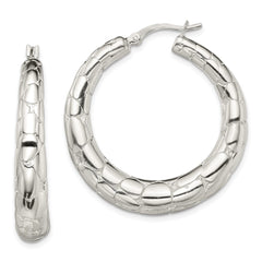 QE13218 Sterling Silver Polished & Pebbled Round Hoop Earrings