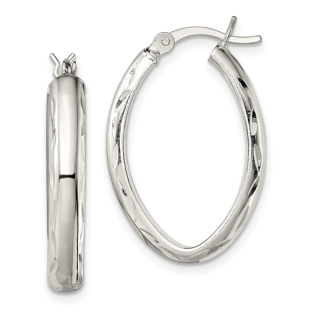 QE13238 Sterling Silver Polished Diamond-cut Edge 4.25mm Oval Hoop Earrings