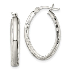 QE13238 Sterling Silver Polished Diamond-cut Edge 4.25mm Oval Hoop Earrings