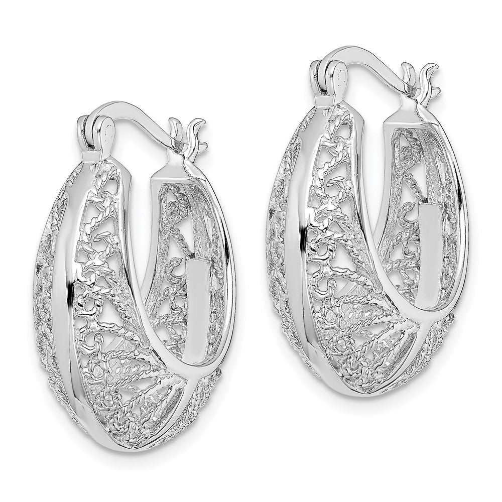 QE13245 Sterling Silver Rhod-plated Polished & Filigree Round Hoop Earrings