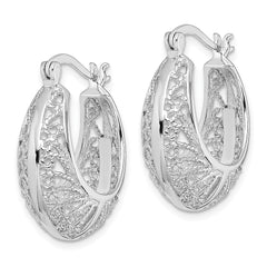 QE13245 Sterling Silver Rhod-plated Polished & Filigree Round Hoop Earrings