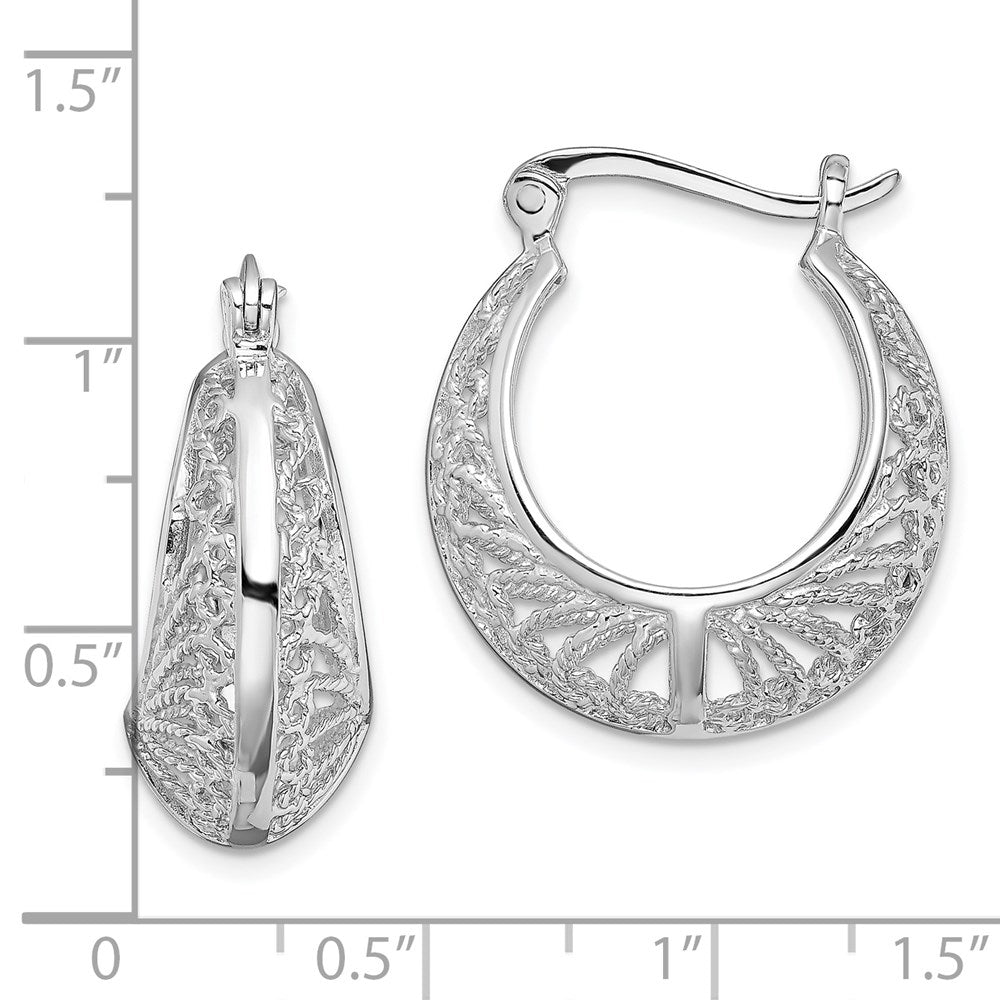 QE13245 Sterling Silver Rhod-plated Polished & Filigree Round Hoop Earrings
