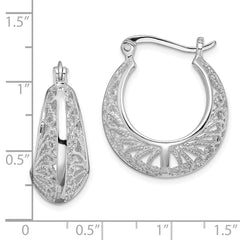 QE13245 Sterling Silver Rhod-plated Polished & Filigree Round Hoop Earrings