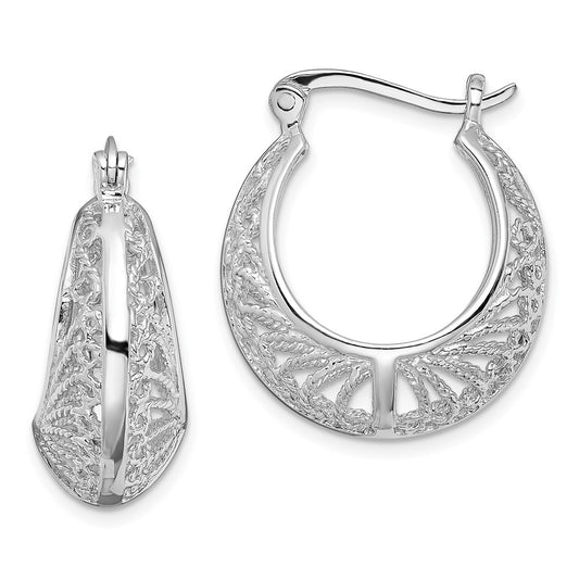QE13245 Sterling Silver Rhod-plated Polished & Filigree Round Hoop Earrings