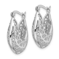 QE13246 Sterling Silver Rhodium-plated Polished & Filigree Hoop Earrings