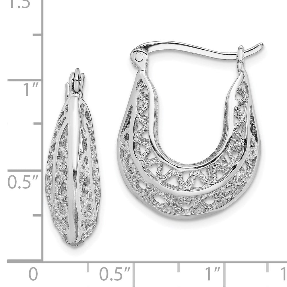 QE13246 Sterling Silver Rhodium-plated Polished & Filigree Hoop Earrings
