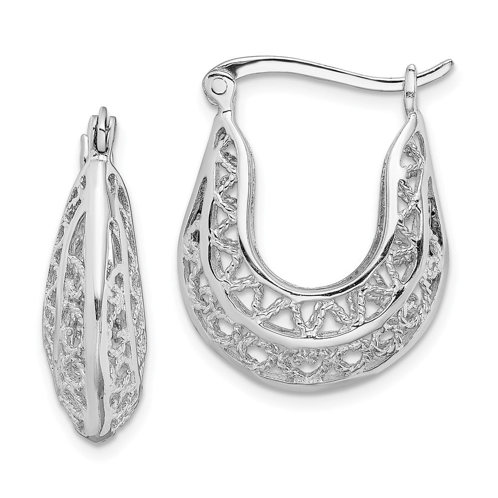 QE13246 Sterling Silver Rhodium-plated Polished & Filigree Hoop Earrings