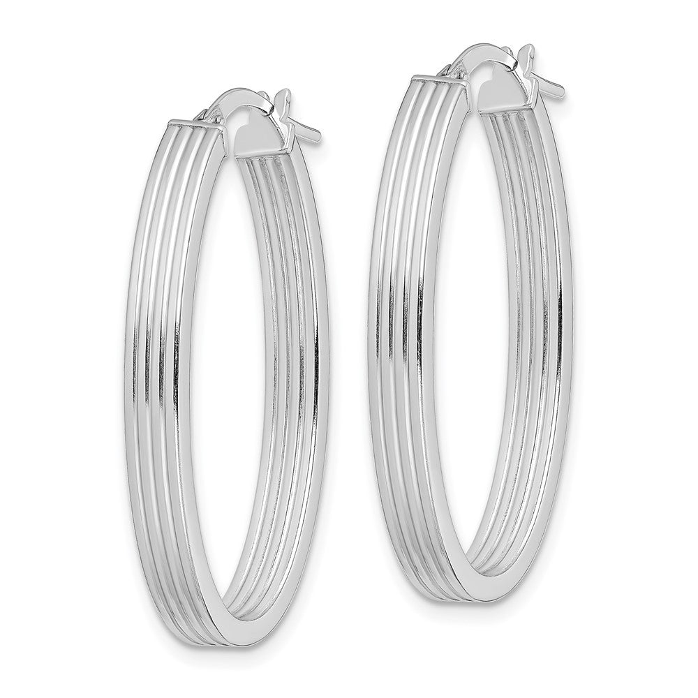 QE13257 Sterling Silver Rhod-plated Polished & Striped 4mm Oval Hoop Earrings