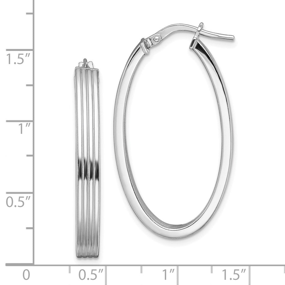 QE13257 Sterling Silver Rhod-plated Polished & Striped 4mm Oval Hoop Earrings