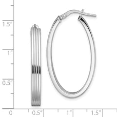 QE13257 Sterling Silver Rhod-plated Polished & Striped 4mm Oval Hoop Earrings