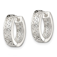 QE13296 Sterling Silver Polished Cut-out Design Hinged Hoop Earrings