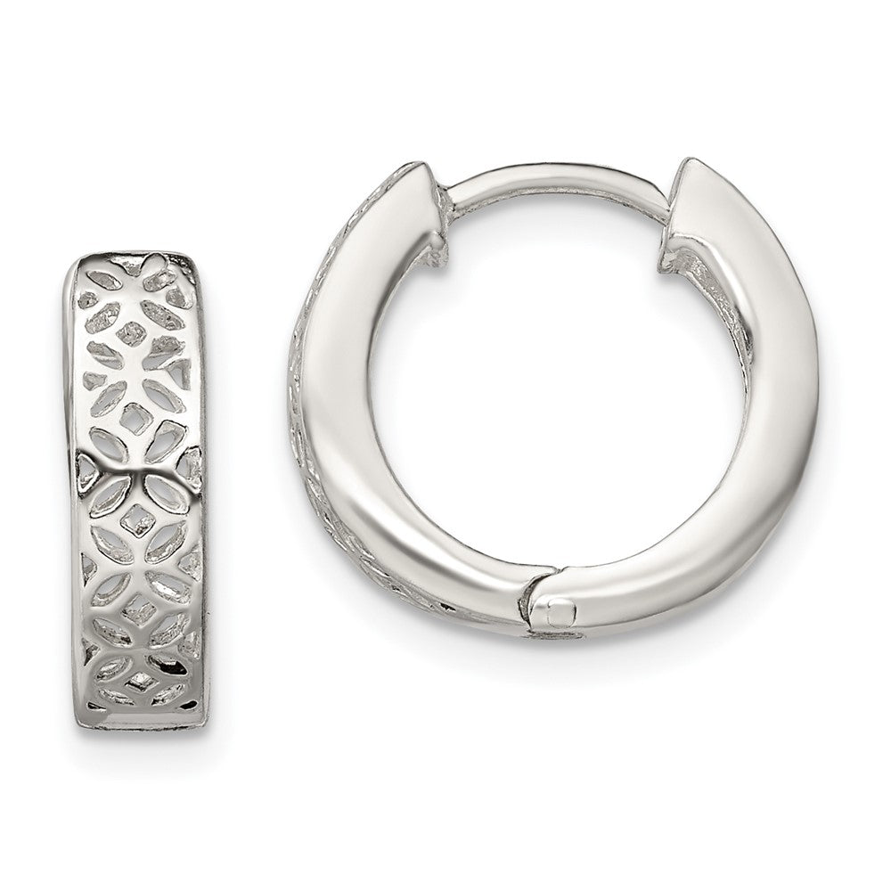 QE13296 Sterling Silver Polished Cut-out Design Hinged Hoop Earrings