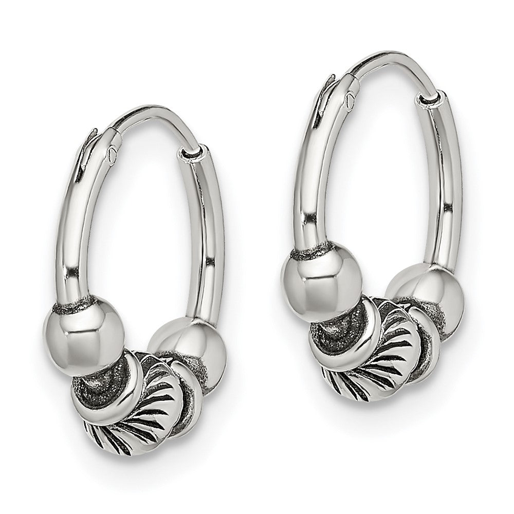 QE13312 Sterling Silver Antiqued Beaded Endless Hoop Earrings