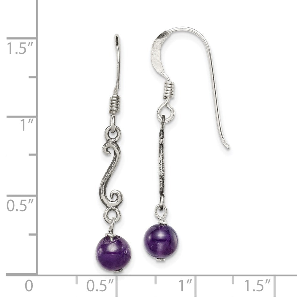 QE1333 Sterling Silver Polished & Antiqued Amethyst Swirl Dangle Earrings