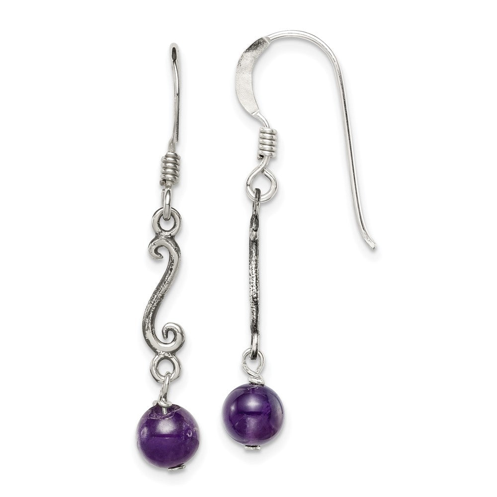 QE1333 Sterling Silver Polished & Antiqued Amethyst Swirl Dangle Earrings