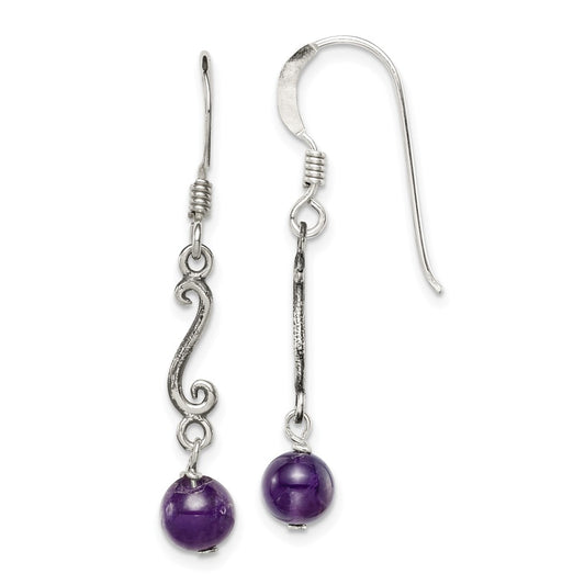 QE1333 Sterling Silver Polished & Antiqued Amethyst Swirl Dangle Earrings