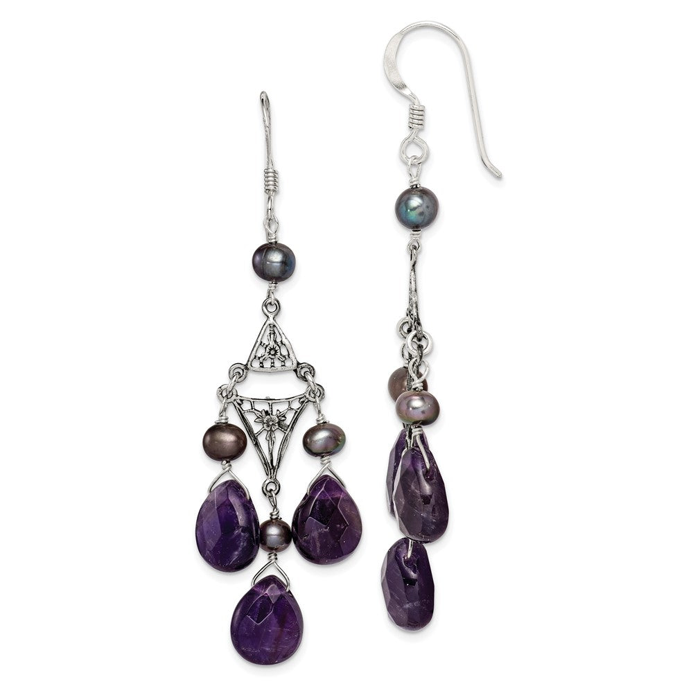 QE1335 Sterling Silver Antiqued Floral Filigree Amethyst/FWC Pearl Dangle Earrings