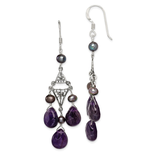 QE1335 Sterling Silver Antiqued Floral Filigree Amethyst/FWC Pearl Dangle Earrings