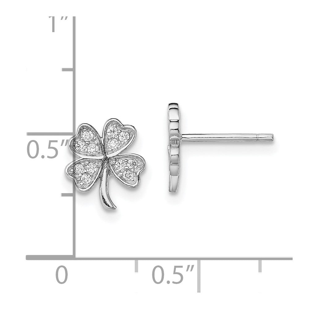 QE13367 Sterling Silver Rhodium-plated Polished CZ 4 Leaf Clover Post Earrings