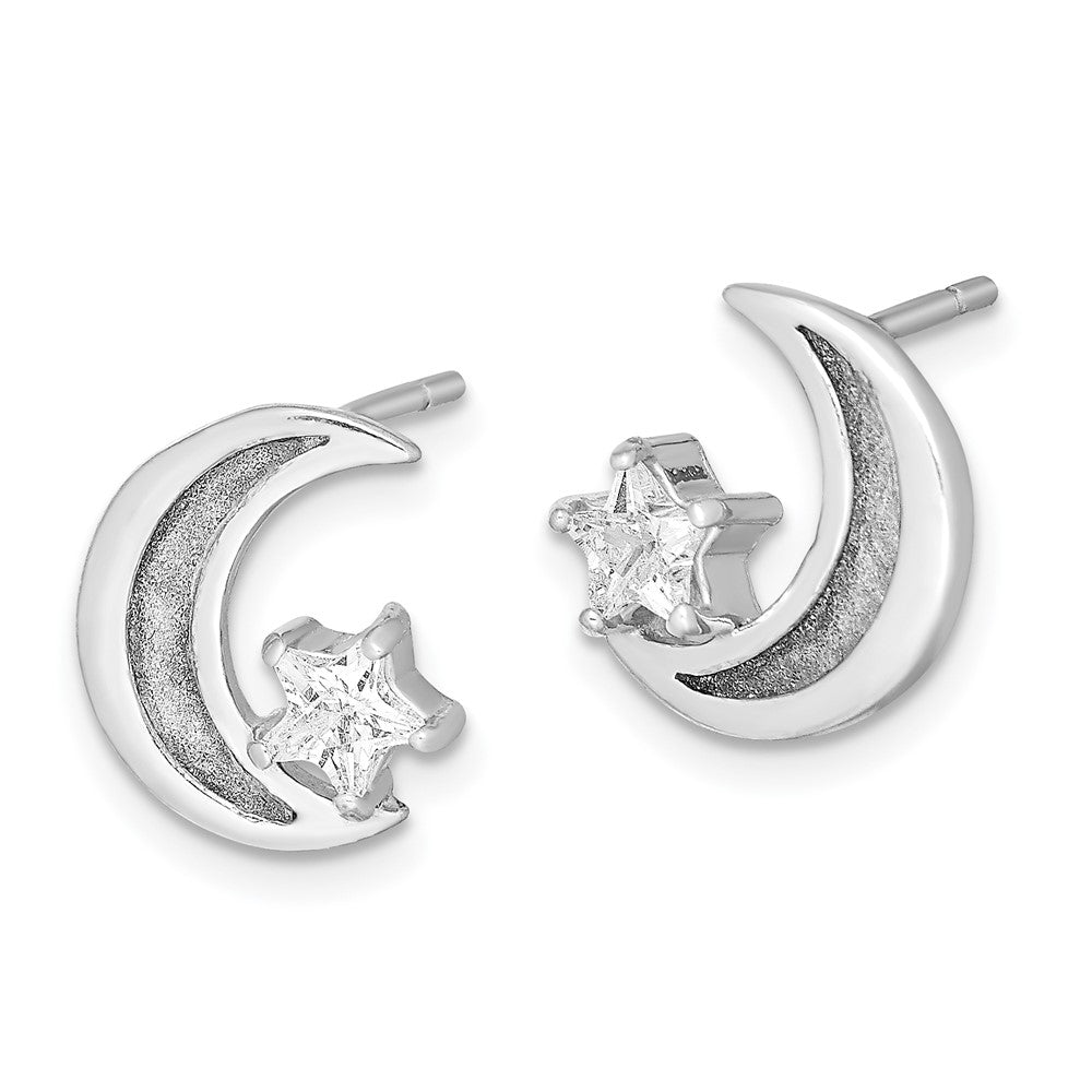 QE13378 Sterling Silver RH-plate Enamel Glitter Fabric Moon/CZ Star Earrings