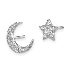 QE13379 Sterling Silver Rhodium-plated CZ Star and Moon Post Earrings