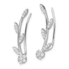 QE13481 Sterling Silver Rhodium-plated Polished CZ Flower w/Stem Ear Climber Earrin
